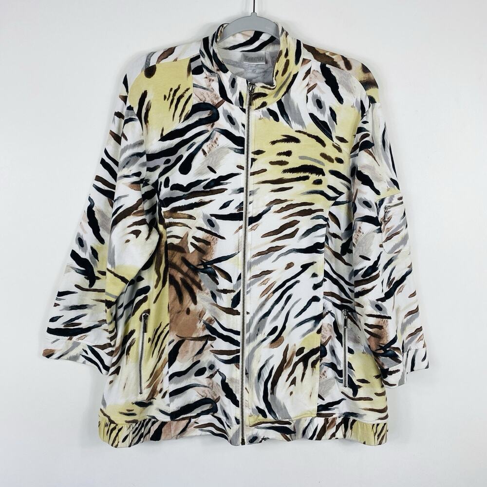 Chico's Zenergy Size XL 16 3 Tiger Print Full Zip Jacket Cotton Blend
